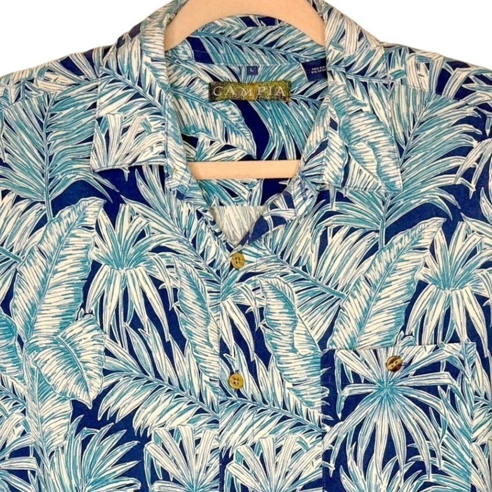 Campia Button Down Shirt Mens Large Blue White Palm Leaf Tropical Aloha Casual